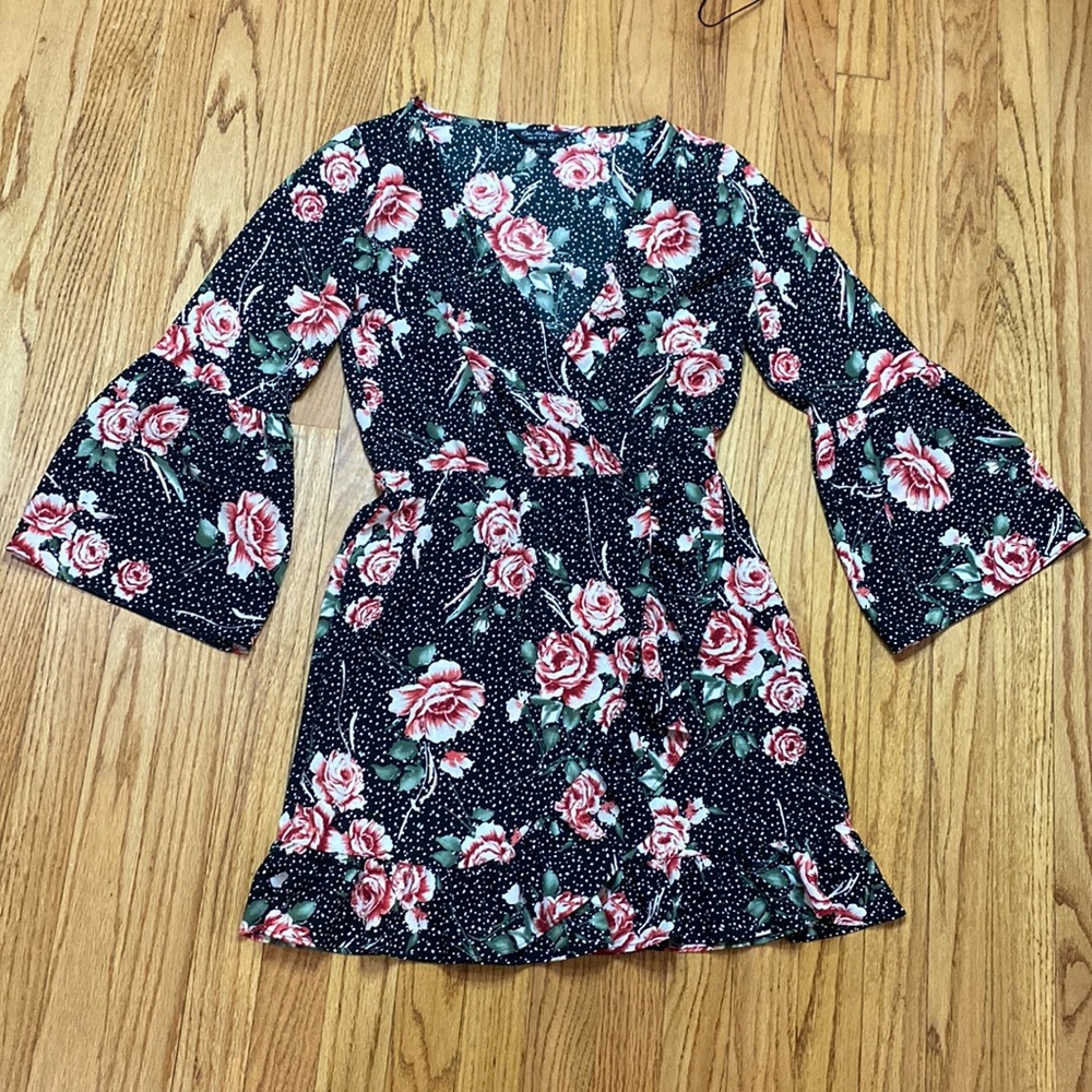 Miss Selfridge Pink & Black Floral Ruffle Dress | Size 4 | Long Sleeve
